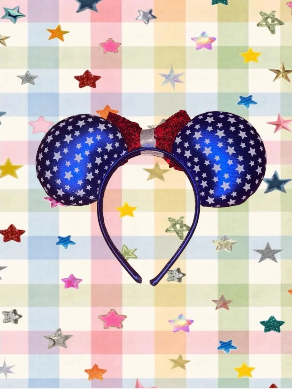 Disney Blue Star Print Minnie Ears Headband with Red Sequin Bow